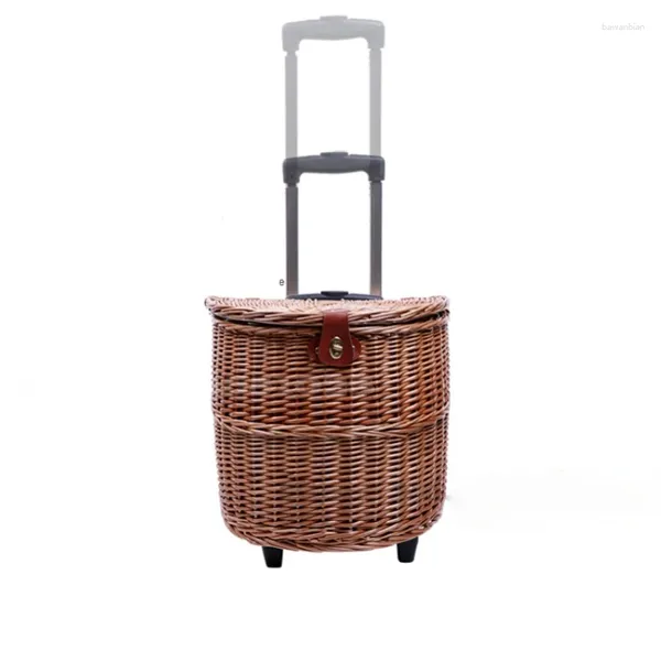 Aufbewahrungstaschen Spurstangen Typ Picknickkorb Rattan Trolley Cart Multifunktional mit Deckelhand Requisiten Outdoor -Requisiten