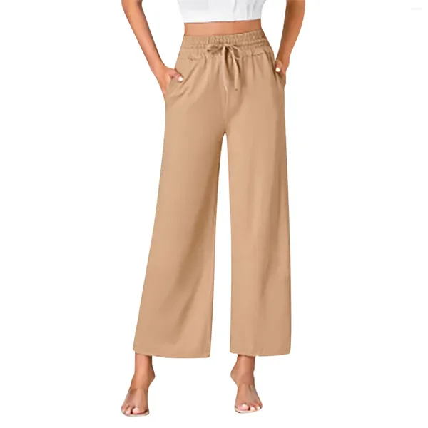 Frauenhose elegante Frauen Khaki Weitbein hoher Taille Draw String Stretch Palazzo Hosen gerade losen Fit Casual Ol Culottes