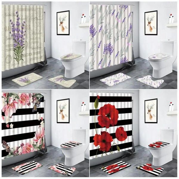 Duş perdeleri mor lavanta şakayık çiçek perde seti çiçek kelebek siyah beyaz çizgili kaymaz halı tuvalet banyo mat banyo dekor