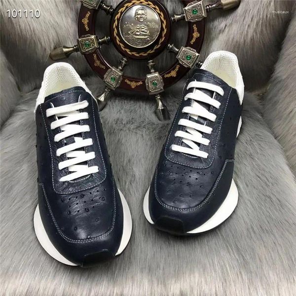 Sapatos casuais autênticos avestruz pele exótica azul escuro cor masculina tênis masculino genuíno verdadeiro couro re verdade