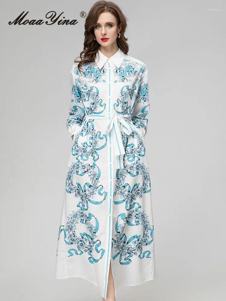 Vestidos casuais moaayina primavera pista de moda floral vestido elegante feminino de lapela de manga longa frenulum coletado cintura slim