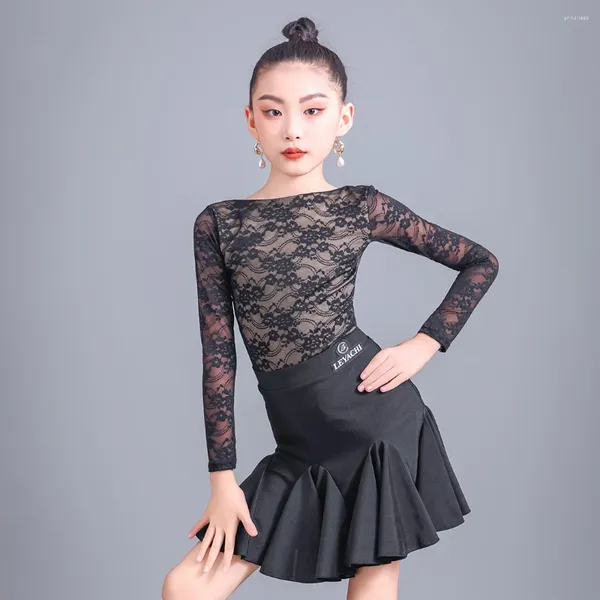 Bühnenbekleidung schwarzer Spitze Latin Tanz Kostüm Wettbewerb Kleid Tango Praxis Mädchen Chacha Dancing Performance Outfit Zweiteiler YS5217