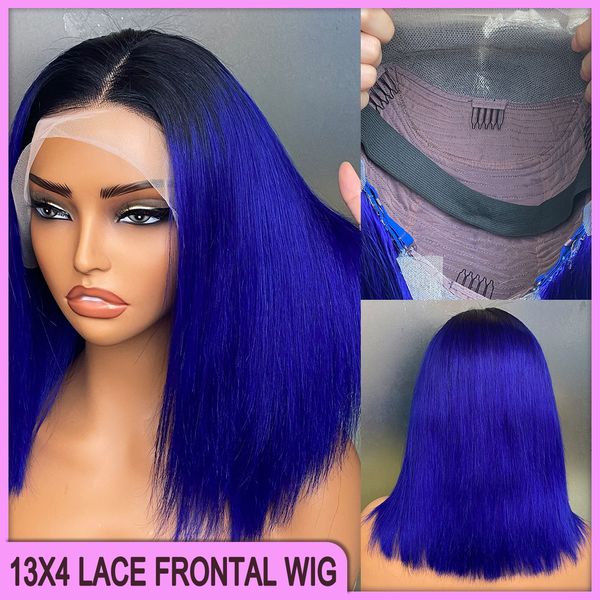 Malásia peruviano brasileiro 1b azul reto 13x4 peruca frontal transparente de renda 100% Remy Remy Cabelo humano