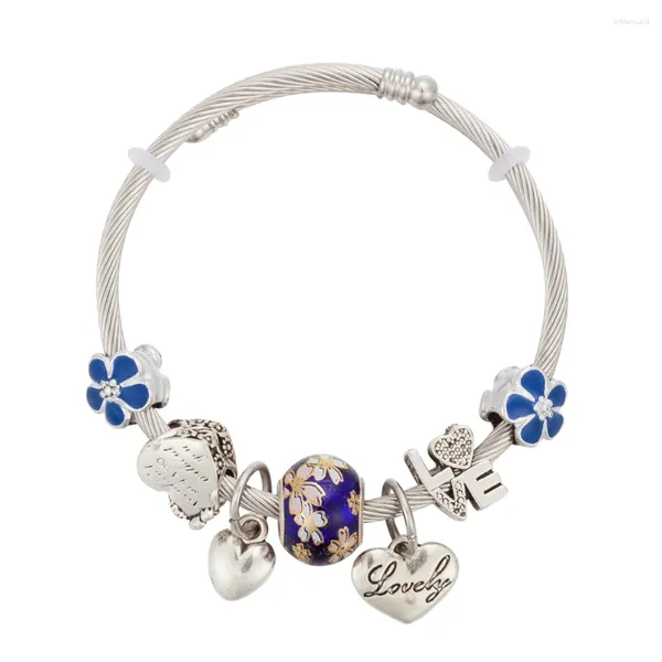 Странд Annapaer Fashion Регулируемая из нержавеющей стали Bangles Brants Sweet Heart Blue Beads с цветами браслет.