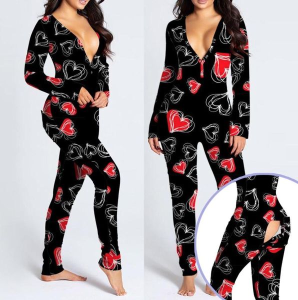 Roupas de ginástica Sexy Vneck Mulheres Coração Impressa Rompers Corte Funcional BloTled Blowled Adults Pijamas Club Button Design Plunge Loun7906067