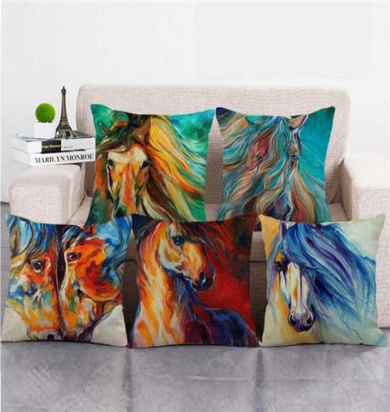 Aquarela correndo cavalos de fantasia animal linencotton tiro capas de travesseiro de sofá capa de almofada home3801045