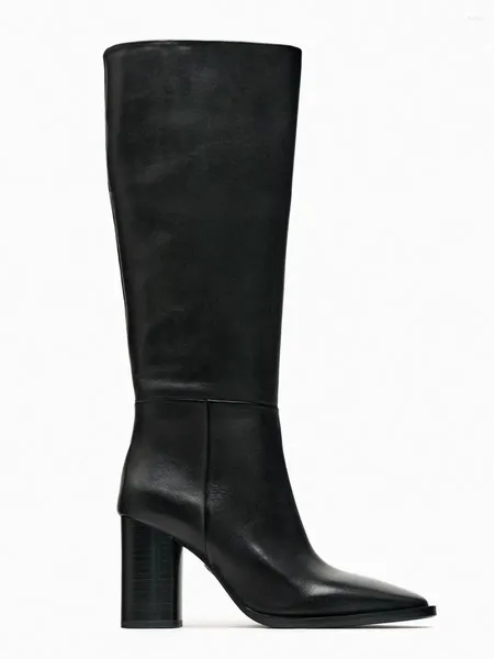 Сапоги Zaboots заостренные высокие каблуки толстые женские женские черные 2024 Traf Spring и осенние ретро -ретро -колена
