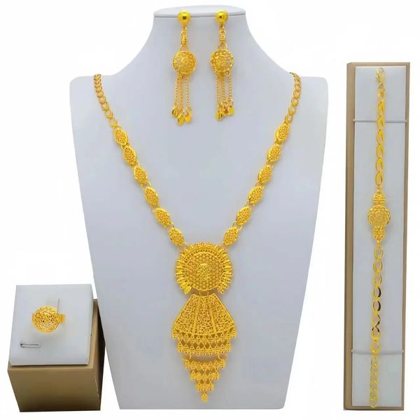 Brincos de colar de Dubai para mulheres Casamento 24K Gold Gold African Jwellery Damaid Party Gift Jewelry Conjuntos de jóias 240410