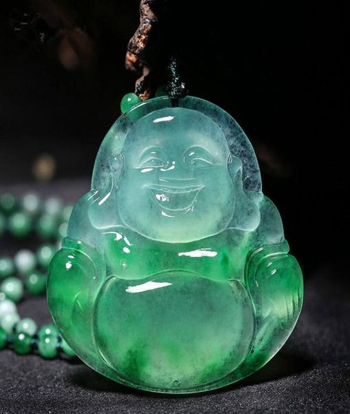 Maitreya Buddha Statue geschnitzte Jade -Anhänger natürliche chinesische weiße grüne Jade Halskette Schmuck 9106626