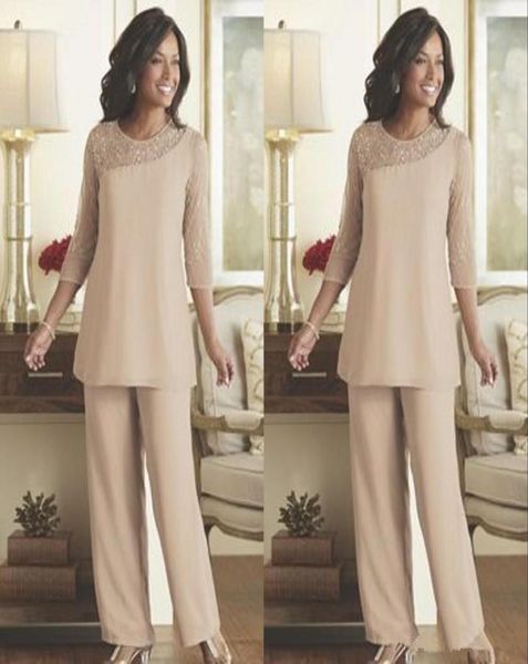 Mutter des Braut Bräuenträger Pant Suits 2019 Sommer Spring Chiffon Custom Made Long Sleeves Plus Size Wedding Gäste Kleid Mutter Kleider 9913469