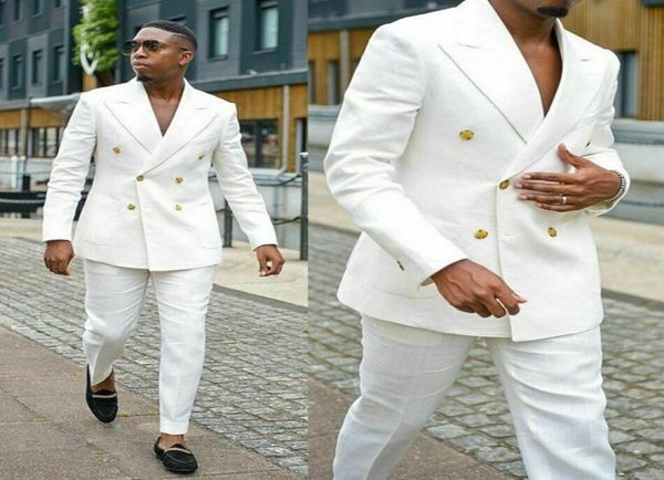Weiße Männer Anzüge doppelte Bräuelen Bräutigam Rauchen Prom Man Blazer Slim Fit Zwei Stücke Männer Hochzeit Anzüge Tuxedos Jackepants1836323