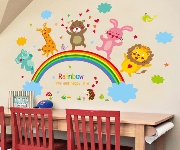 shijuekongjian karikatür aslan ayı hayvanlar duvar çıkartmaları diy gökkuşağı bulutları duvar çıkartmaları çocuk odaları bebek yatak odası dekorasyonu 208024684