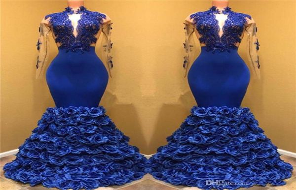 Royal Blue Rose Flowers Bottom Prom Kleider Mermaid Sheer Long Sleeve Spitzen Applikationen Abend Abschlussballkleider benutzerdefinierte Reißverschluss Rücken DR9036595