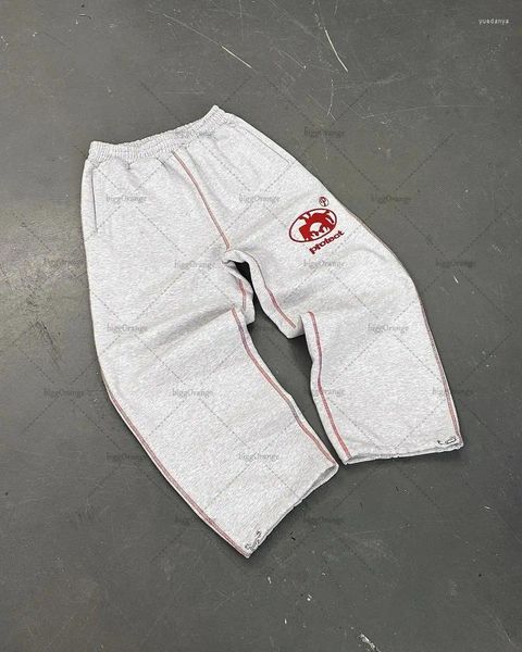 Calça masculina American Trendy Brand retro Men de perna larga y2k letra bordada malha casual de calças de grandes dimensões mulheres mulheres