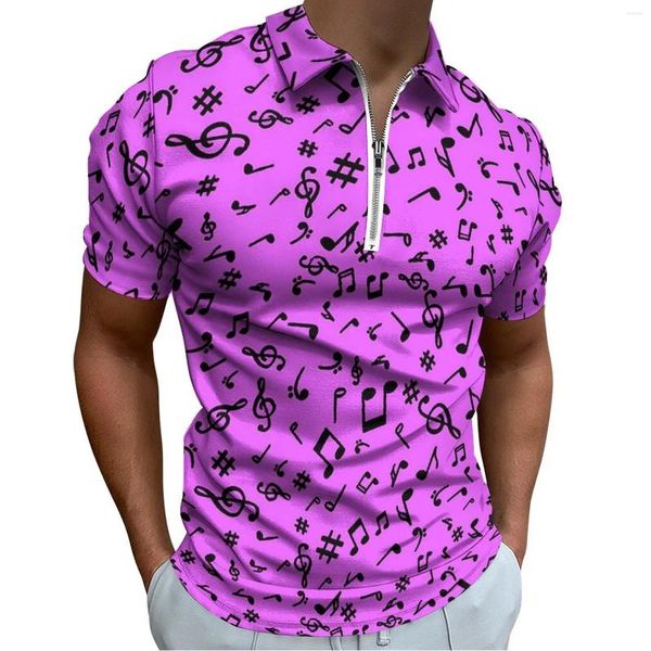 Herren Polos Music Notes Polo Shirts Purpur und schwarzes lässiges Hemd Sommer lustiger Mann Kurzarm Reißverschluss Muster T-Shirts