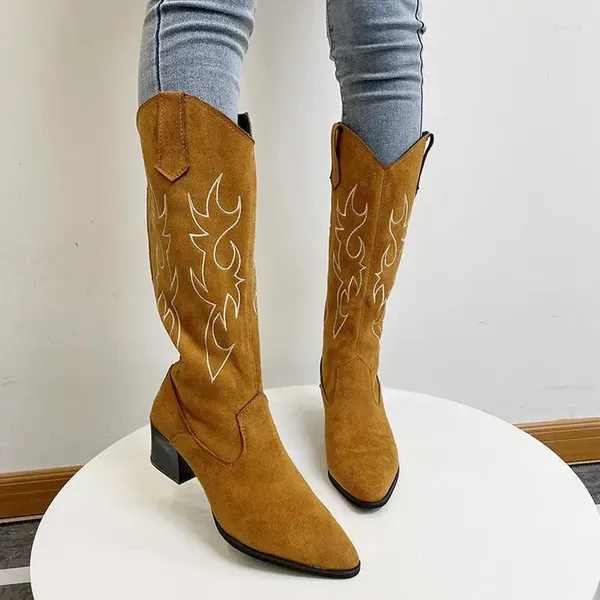 Boots Women Western Cowboy Sapatos femininos pontiagudos imprimindo no meio da panturrilha de inverno grass