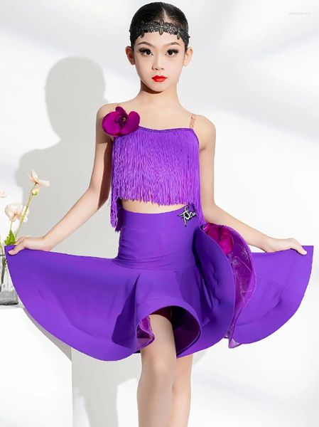 Stage Wear 2024 Kids Latin Dance Costume Girls Girl Tassel Tops Tops Skirt Performance Outfits Charing Coney Conete TS422