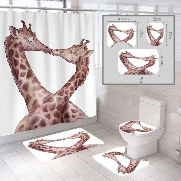 Tende per doccia Elk Giraffe Terlina a quattro pezzi Decorazione da bagno impermeabile Cuscinetto tappeto senza slittamento