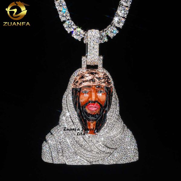 BUSS Down 3D Jesus Sterling Sier Solid Made Made Moissanite Men Pingente de esmalte personalizado