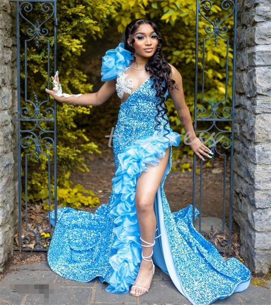 Splendidi abiti da ballo di paillettes blu con increspatura ad alta fessura elegante abito da sera sirena africano 2024 vestito formale più dimensioni di compleanno da ballo da ballo ventidos de festa