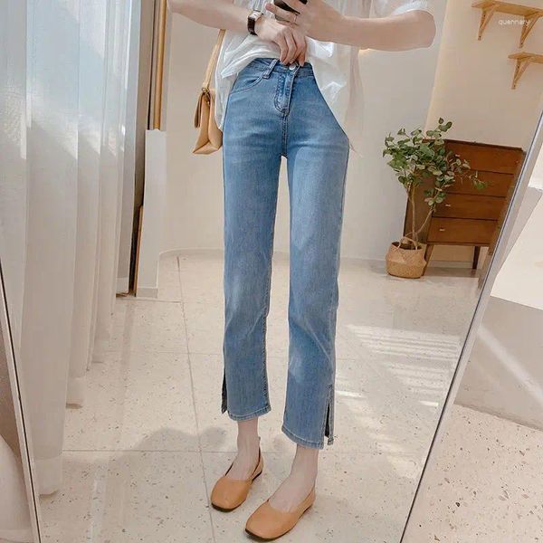 Jeans femminile in stile occidentale piccole fessura a vita alta per tubo dritti da 9 pollici elastici slim cola pantaloni per tubo di fumo