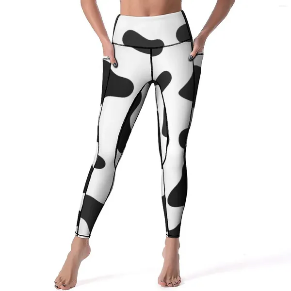 Calças ativas textura de pele de vaca textura ioga mulher preto manchas brancas leggings altas cintura retro legging esticador esportes de fitness meias