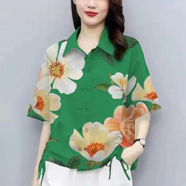 Bloups feminina Blusa lateral Blusa Floral Camisa de lapela estampada para mulheres com designete de peito duplo detalhe de cordão solto em forma de ajuste solto verão