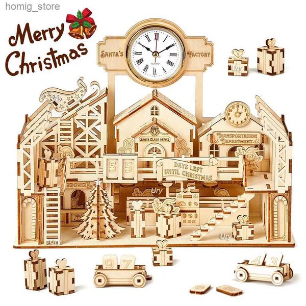 3D Puzzles Ury 3D Ahşap Bulmaca Noel Fabrikası Masa Saat Geri Sayım Takvim Retro Oyuncak Çocuklar İçin Yetişkinler DIY Model Kit Dekorasyon Hediyeleri Y240415