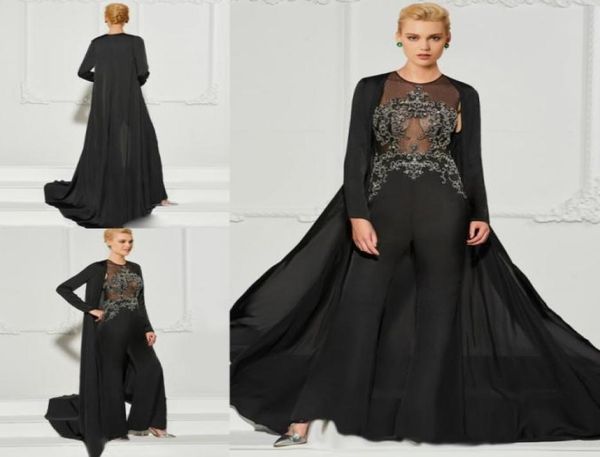 Vestido de noite de macacão preto com jaqueta de duas peças Apliques de miçangas ilusão sexy vestido de baile mãe da noiva vestidos formais 6947250
