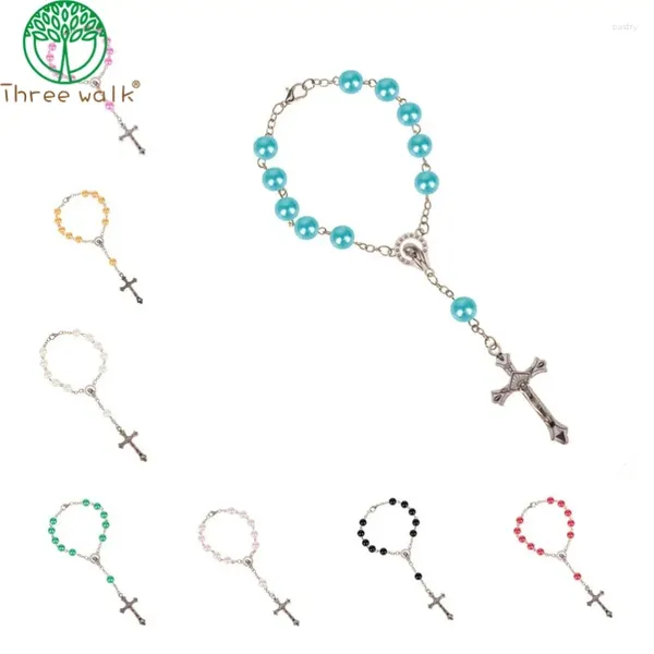 Braccialetti Charm CR012 10pcs Rosario cattolico Bracciale a croce perle in vetro decennio pendente per donne gioielli regalo 2024