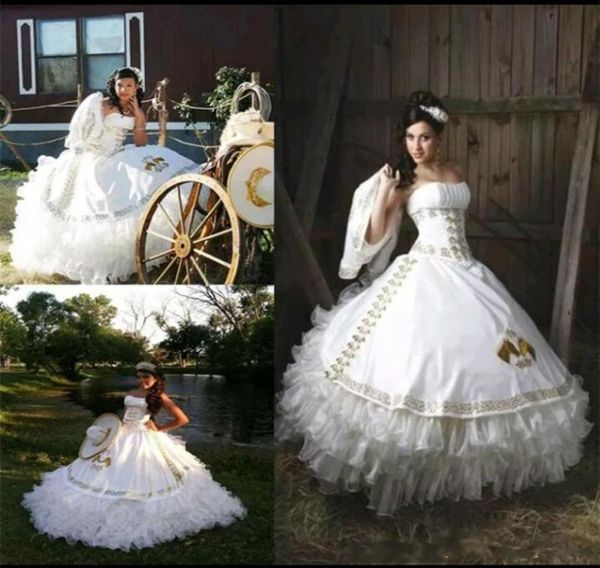 Vintage weißes Ballkleid Quinceanera Kleider mit goldenen Stickereien Perlen süße 16 Kleiderabschluss