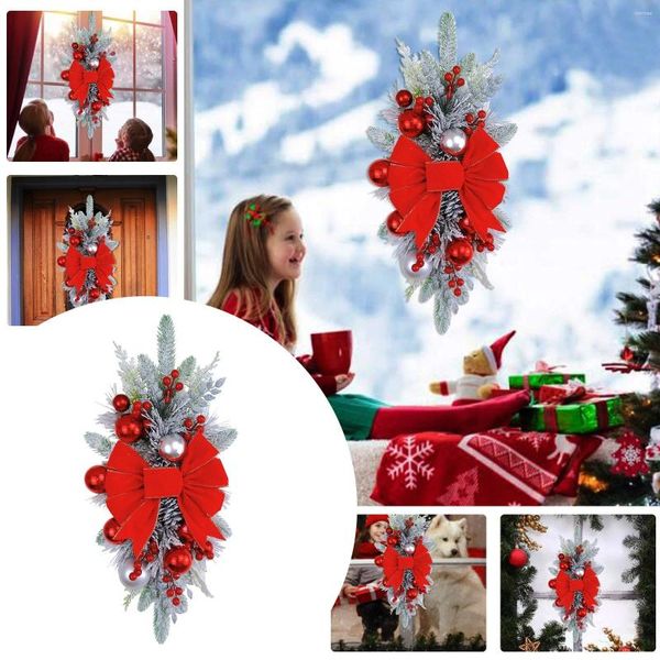 Flores decorativas Decoração de casa de Natal rústica componente vermelho e branco com grinaldas de pinhão duplo Pinecone Decoração de janela de guirlanda de madeira