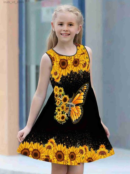 Vestidos de menina meninas vestido com estampa de girassol com mangas de mangas de forma solta e confortável pescoço redondo vestido de verão Crianças T240415