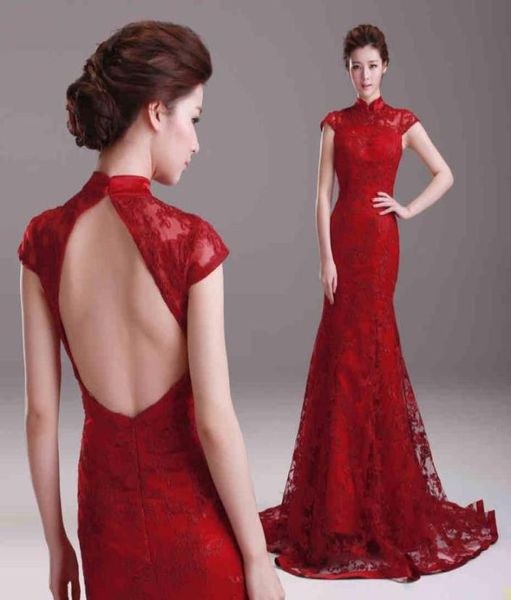2021 Brautkleider Chinese Red Mermaid Cheongsam Kleid hohe Nackenkappe Klassische Vintage Spitze Rückenless Sweep Zug Braut G3834461