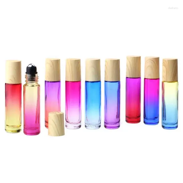 Garrafas de armazenamento 10 ml de vidro rolando em óleo de perfume essencial gradiente de garrafa de cor roller com tampa de grão de madeira SN1158