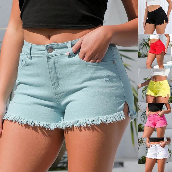 Sexy Jeans Shorts High Taille Quaste Slim Jeans Solid Color Side Split Casual Summer Clothes 240415