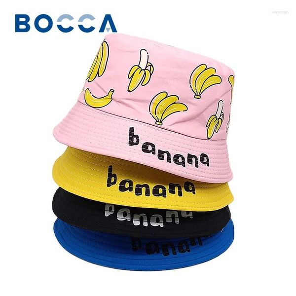 Chapéus Bocca Banana Pattern Bucket Hat Children Fisherman desenho animado Panamá Cap 54cm menino garoto duplo lados ao ar livre sol