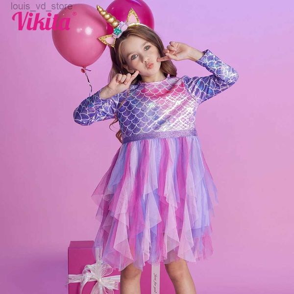 Платья девочки Vikita Girls Princess платье с длинным рукавом детские русалка для печати детские нерегулярные выпускные платья