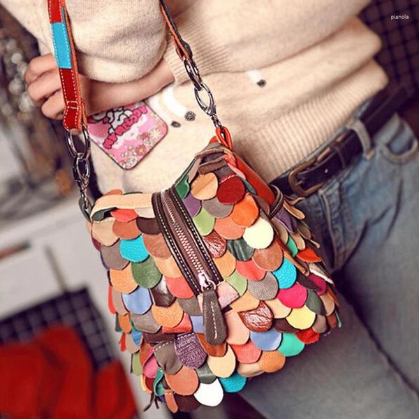 Omuz çantaları San maries inek deri kova küçük crossbody çanta moda renkli patchwork kadın cüzdan ve çantalar