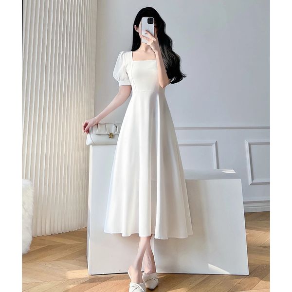 Винтажные белые платья макси для женского вечеринка выпускной рукав квадратный квадратный воротник Бодин длинный миди -платье летняя одежда 240415