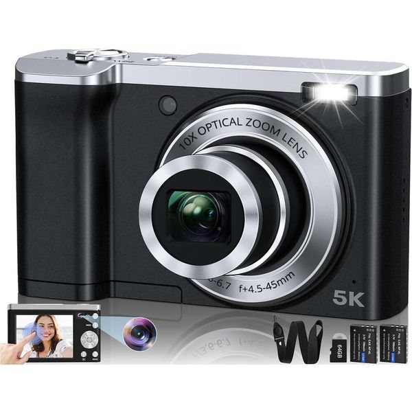 2024 neueste 5K-Digitalkamera mit 56 MP, Autofokus, 10-fach optischer Zoom, Vloggingfunktionen, vordere und hintere Kameras, 6-Achsen-Anti-Shake und Touchscreen