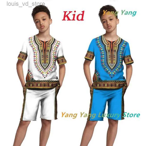 Комплект одежды африканский печатный спортивный костюм мужчина/детские модные футболки костюмы повседневные шорты/винтажные спортивные и досуг летние одежды набор T240415