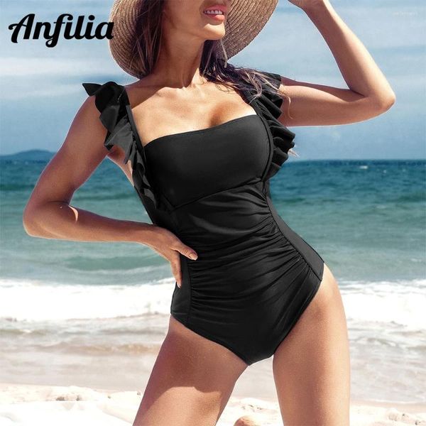 Menas de banho feminina Anfilia feminino One peça trajes de banho de colarinho de colarinho com lotus folha de lotus cor sólida monokini