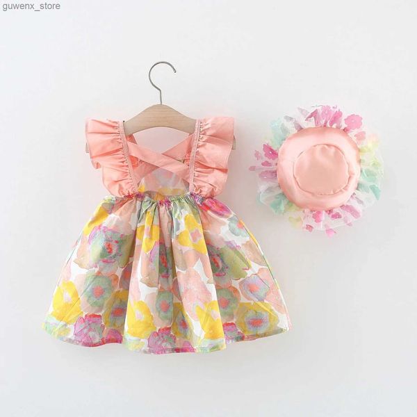 Mädchenkleider Babykleid Baby Mädchen Prinzessin Kleid Blume bedruckte Baumwolle Rückenless Kinder Geburtstag Kleidung senden kostenlos Hut y240415y240417iihq