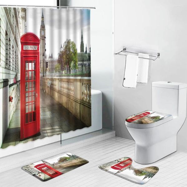 Duschvorhänge London Big Ben Red Telephone Hall Landschaft Vorhang nicht rutscher Matte Teppich Europäischer Stil Retro Paris Tower Badezimmer