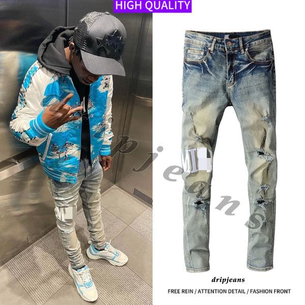 Amr-Jeans Herren Jeans Stretch Slim Fit Hose Retro HipHop Jeans Tropf Jeans Low-Rise High Street Skinny Jeans hochwertige Designerjeans Modetrendy Jeans