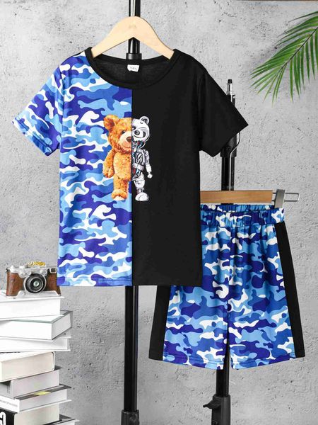 Set di abbigliamento meccanico set di orso mimetico set di ragazze Shorts da camicia da ragazzi 2 pc set per bambini pantaloni corti abiti da bambino T240415