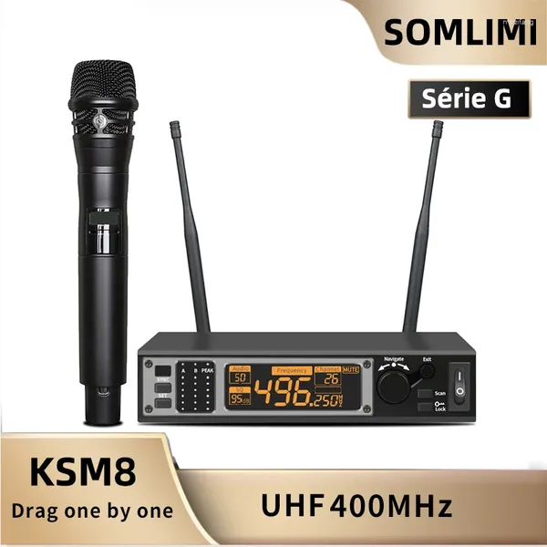 Microfones Somlimi KSM8 Sem fio Microfne Stage Dynamic Show Show Party Hip Hop Home KTV UHF Metal de metal profissional