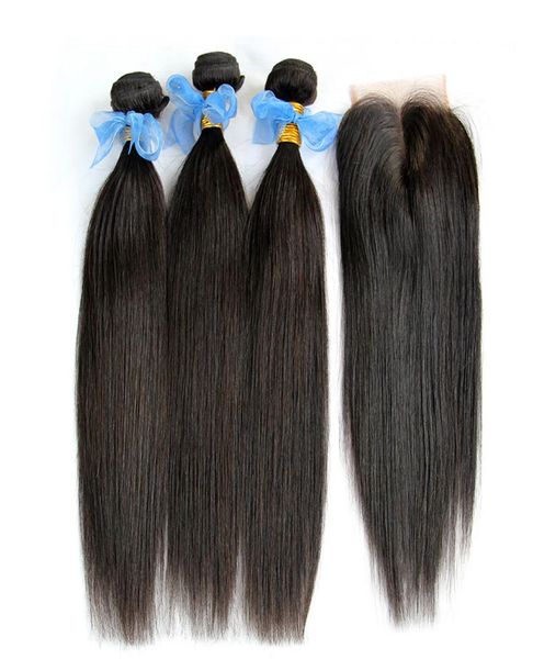 Бразильские девственные волосы плетения пучков и верхних кружевных закрытия необработанные 8A Бразильские прямые наращивания человеческих волос с помощью Clos6908772