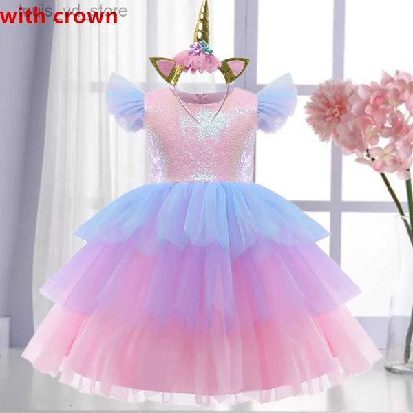 Mädchenkleider rosa Pailletten-Partykleid für Mädchen 4-10t Kinder Geburtstag Prinzessin Layer Tutu Kleid Kinder formelle Gala Kostüm Puffhülle T240415